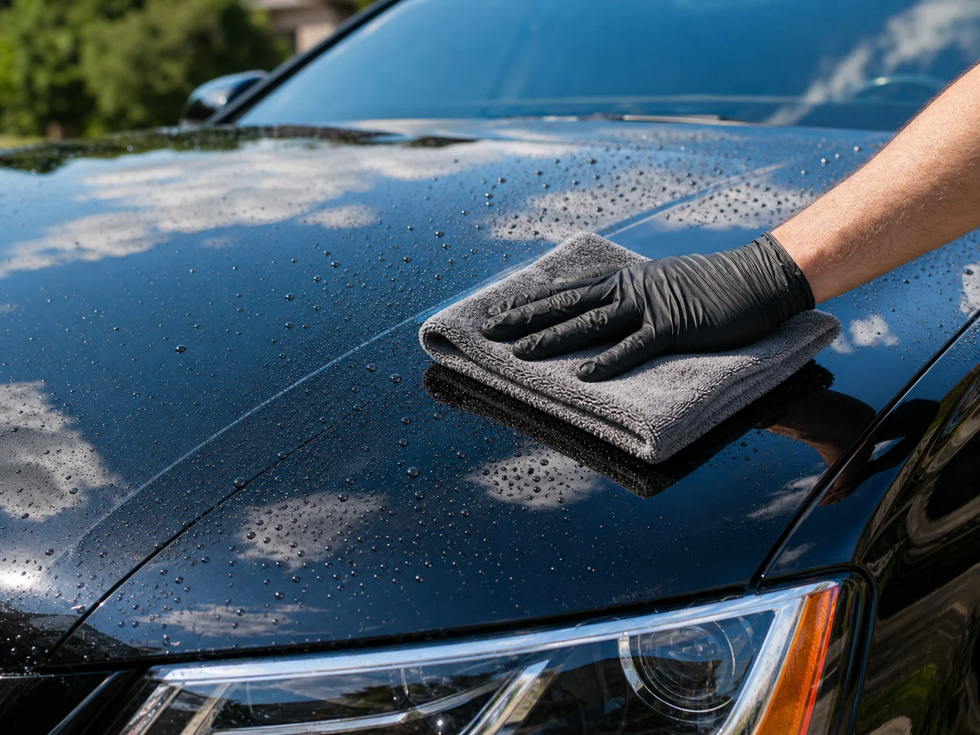 Water beading on a glossy black hood after ceramic coating