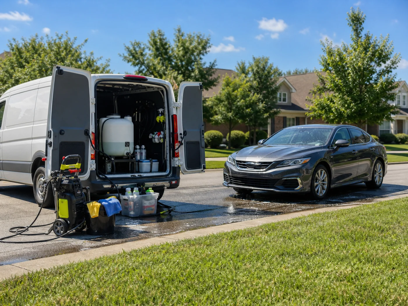 Mobile detailing van with equipment set up beside a car on a sunny street