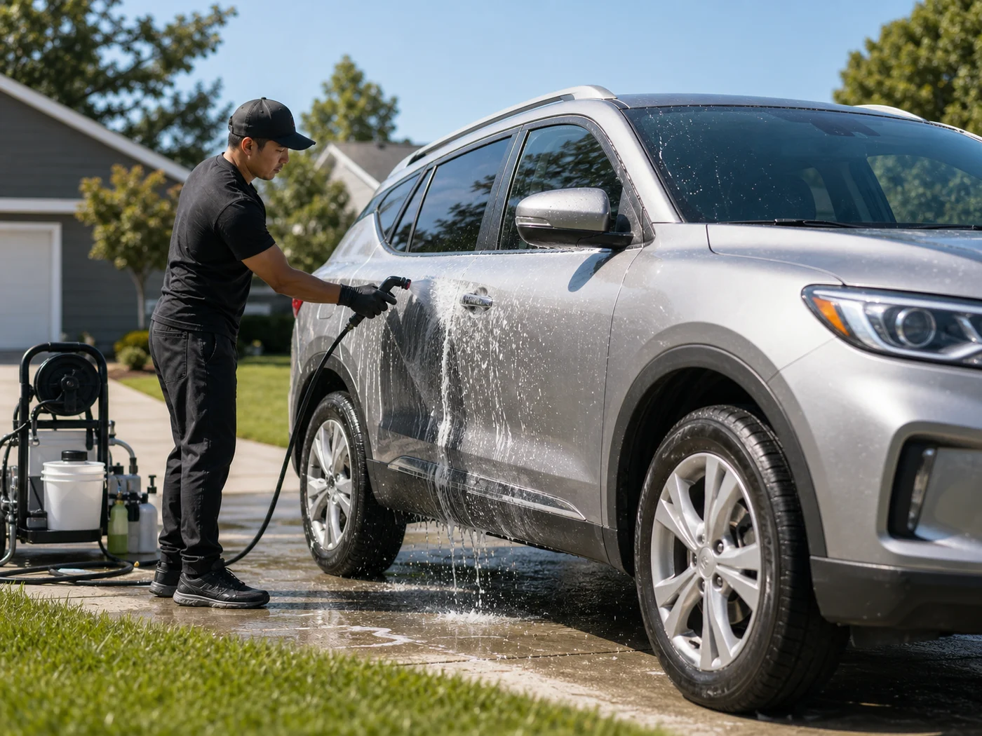 Mobile detailer washing a silver SUV on a sunny driveway beside a lawn