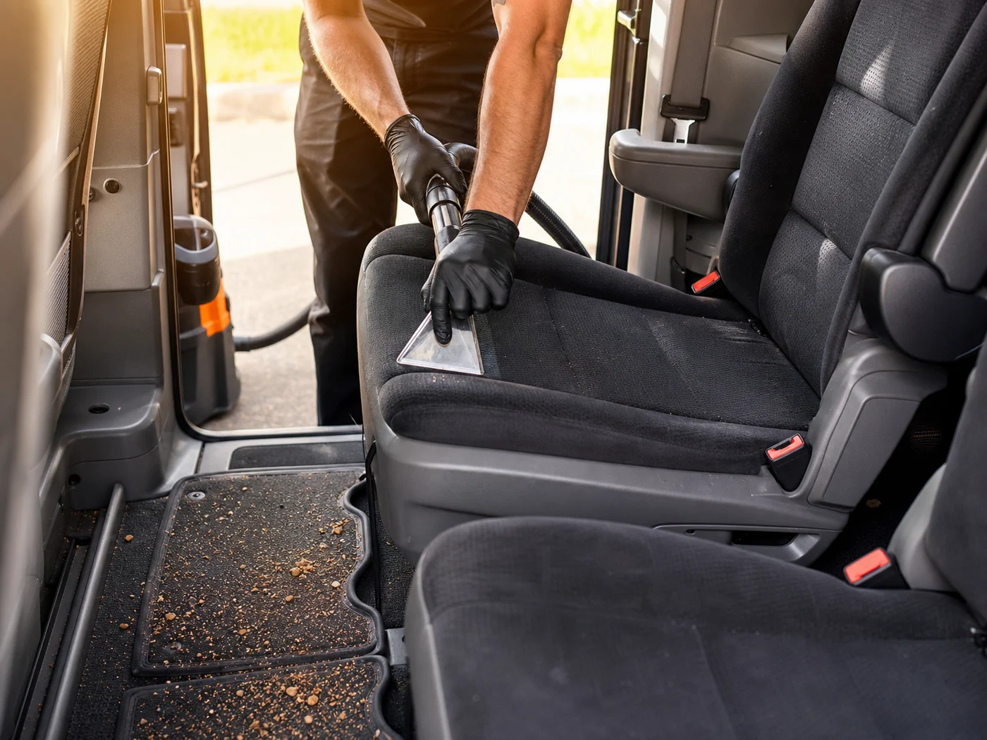 Detailer deep-cleaning a family minivan interior with crumbs on the floor mats