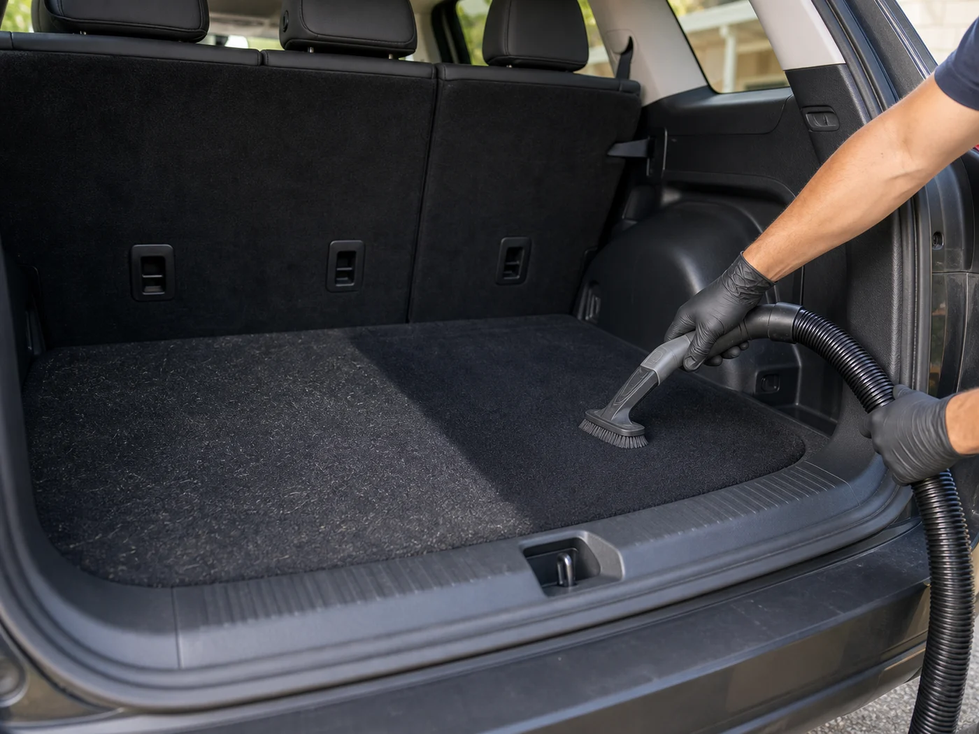 Detailer vacuuming pet hair from a crossover SUV cargo area